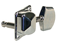 Beschreibung: Economy Mechanik, chrome, eckiger Metallflügel 2 Schraubenösen, Einpresshülsen, Wellendurchmesser 6mm, …... E-Gitarren Mechanik chrome 3L/3R m.Schr.
